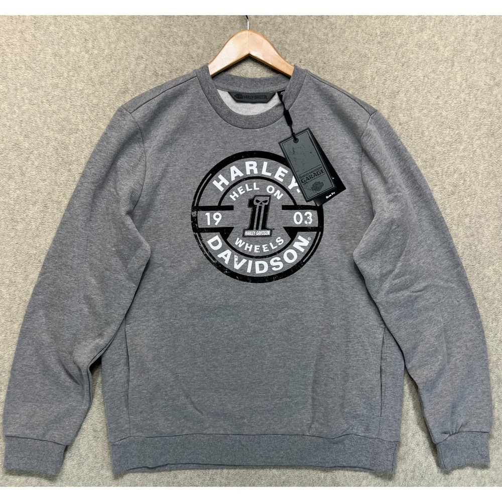 NWT Harley Davidson Mens Slim Pullover Sweatshirt Gray Garage Hell On Wheels L